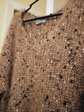 She + Sky Taupe Speckled Round Neck Sweater, Fuzzy!